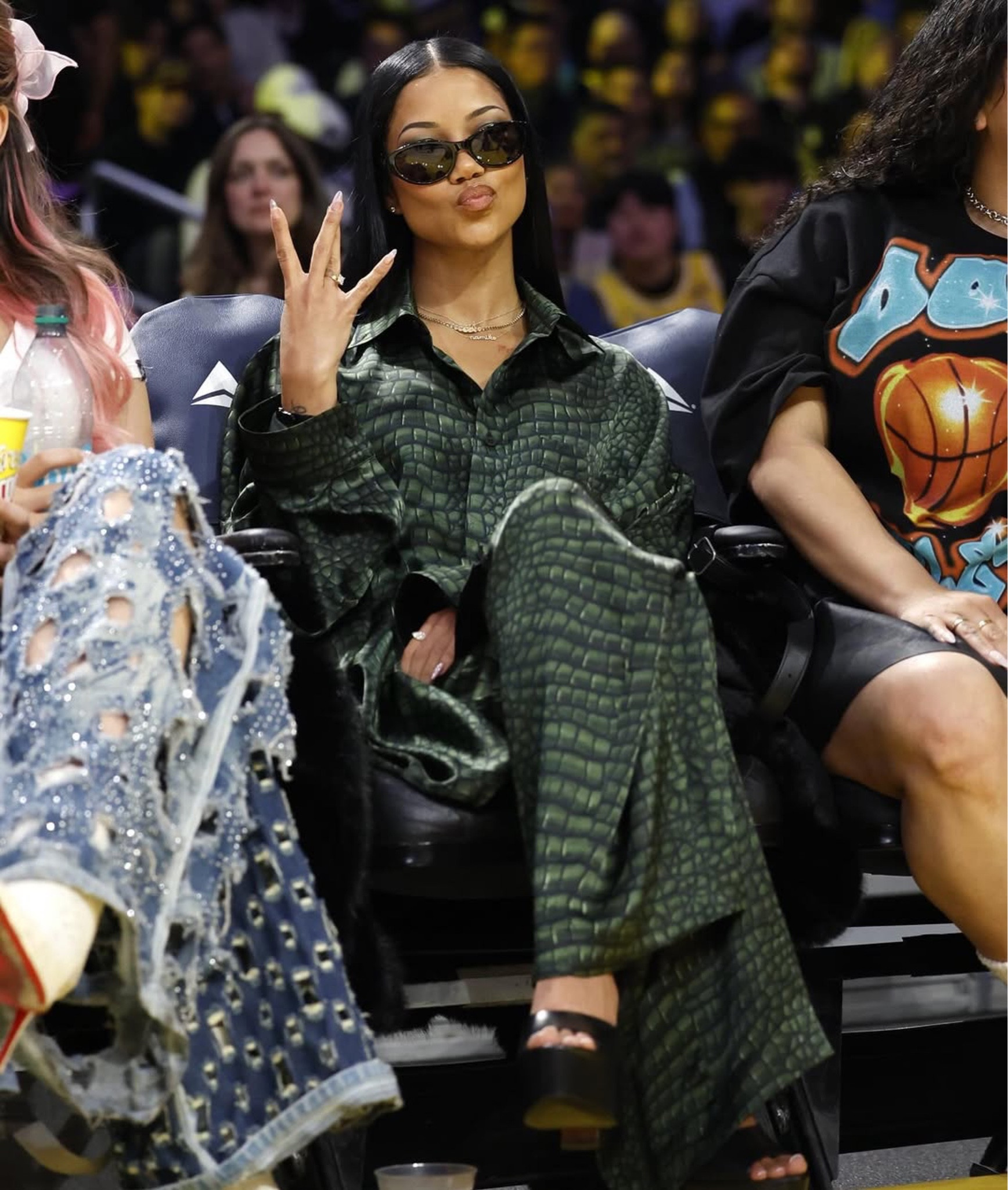 Jhene Aiko in Balenciaga
Crocodile Print Satin Button Down Cocoon Blouse and pants