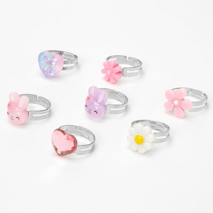 Claire's Club Spring Bunny Rings - Pink, 7 Pack | Claire's (US)