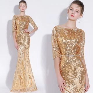 Sequined Elbow-Sleeve Evening Dress | YesStyle Global