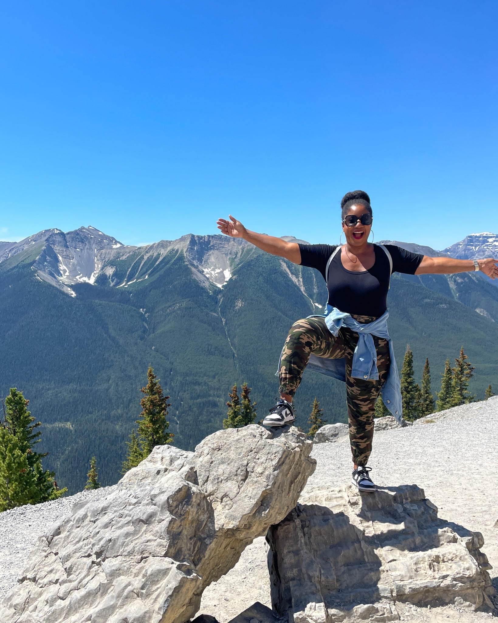 Perfect casual outfit of a black bodysuit, camouflage ankle pants, and an oversized denim jacket. These camo pants are so cute and flattering! TTS. Wearing a L. #FoundItOnAmazon

#LTKunder50 #LTKtravel #LTKunder100