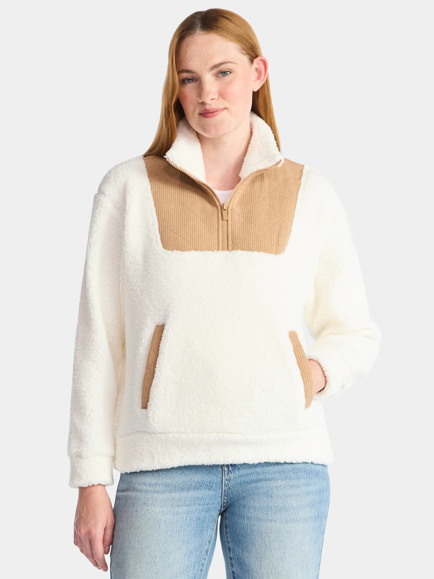 Time and Tru Women's Plush Fleece Quarter Zip Jacket with Corduroy Trim, Lightweight, Sizes XS-XX... | Walmart (US)