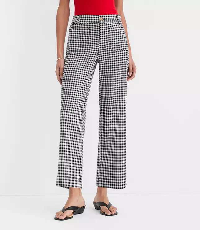 Curvy Palmer Wide Leg Crop Pants in Gingham Cotton Linen | LOFT