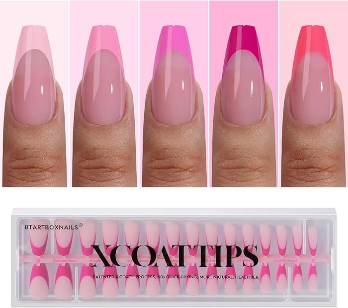 BTArtboxnails XCOATTIPS Pink French Tip Press On Nails - Coffin Press On Nails Medium, Soft Gel N... | Amazon (US)