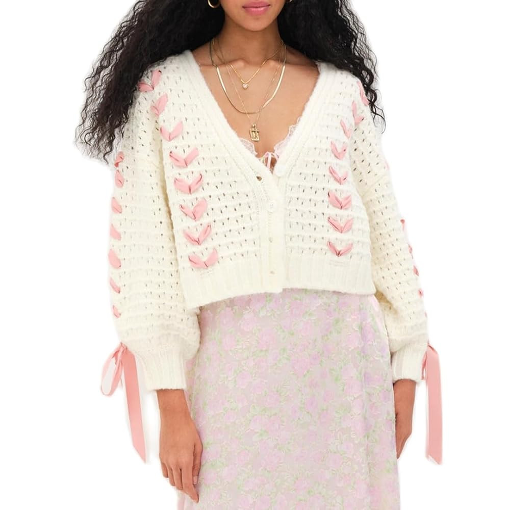Women's Y2K Crop Cardigan Long Sleeve V-Neck Satin Ribbon Lace Up Bow Dec Sweater Pullover Button... | Amazon (US)