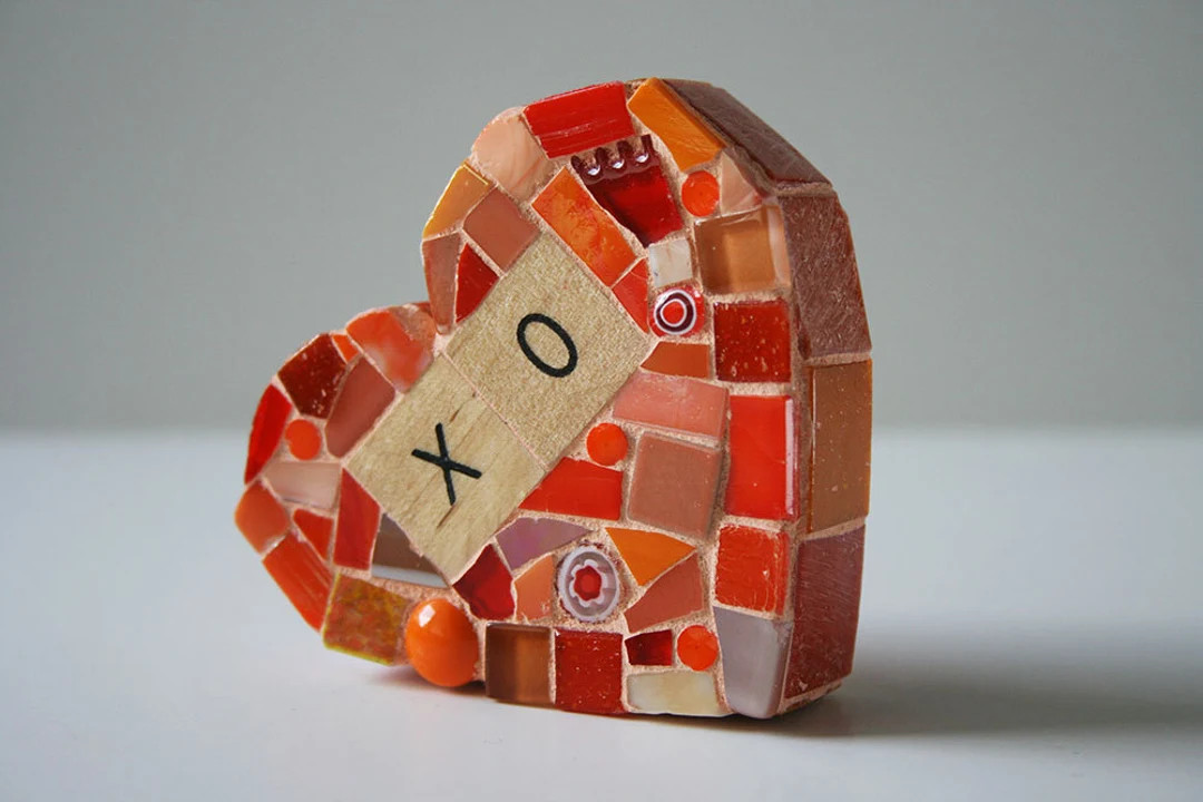 Orange xo Mosaic Heart Paperweight Small Mixed Media Love Wood Letters Love Valentines Day galent... | Etsy (US)