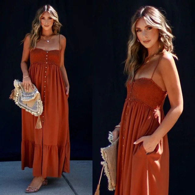 Saint Jean Pocketed Smocked Maxi Dress - Camel | VICI