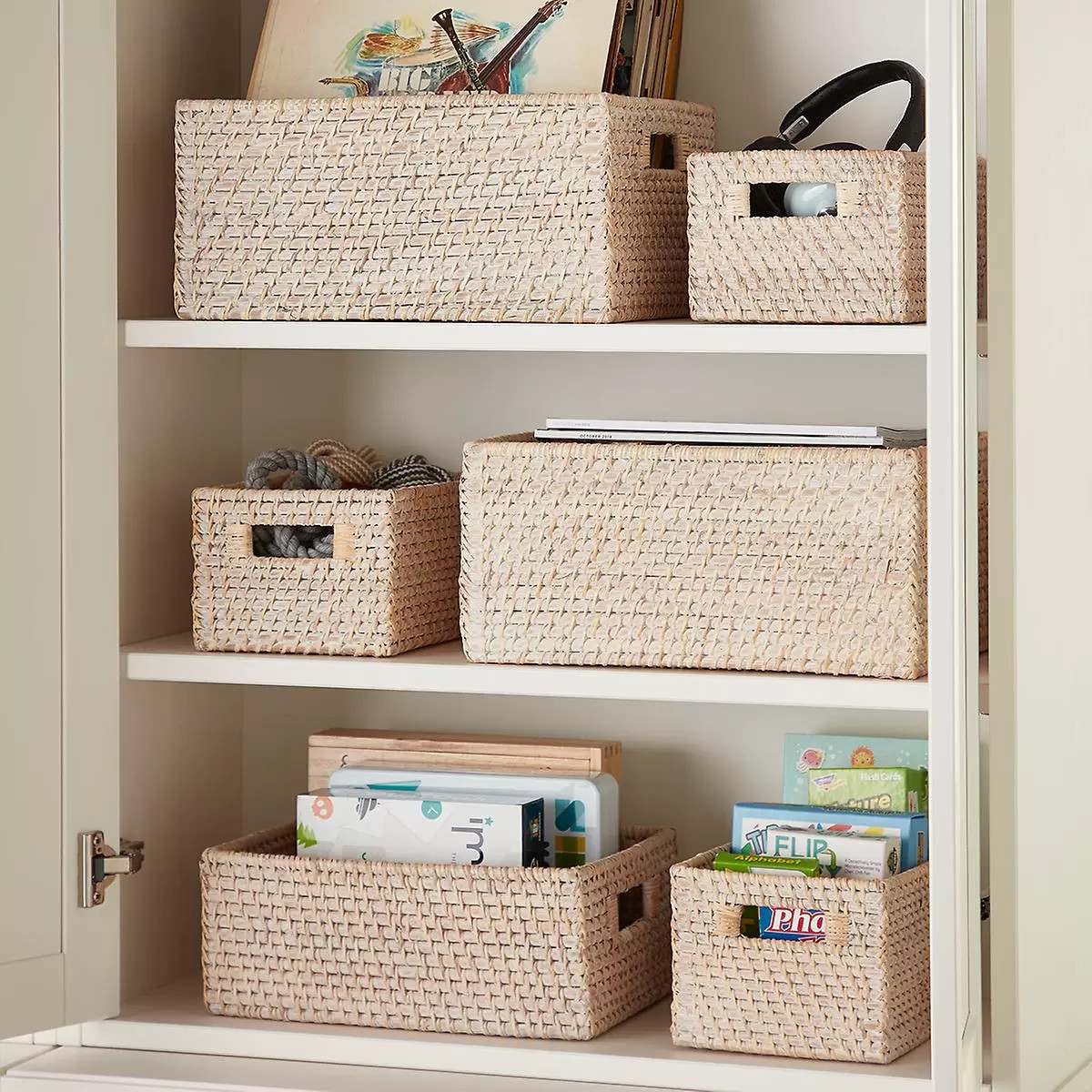 Medium Rattan Bin w/ Handles Whitewash | The Container Store