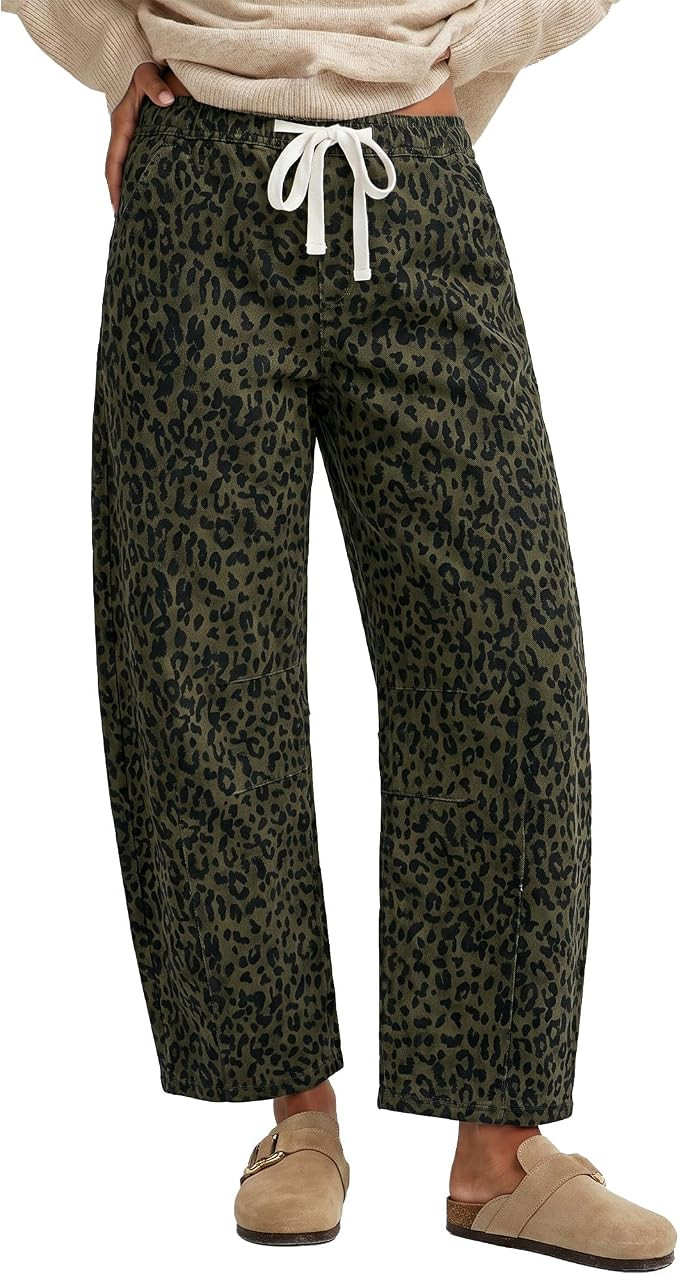 GRAPENT Barrel Jeans for Women Trendy High Waisted Pull On Wide Leg Cropped Leopard Cheetah Print... | Amazon (US)