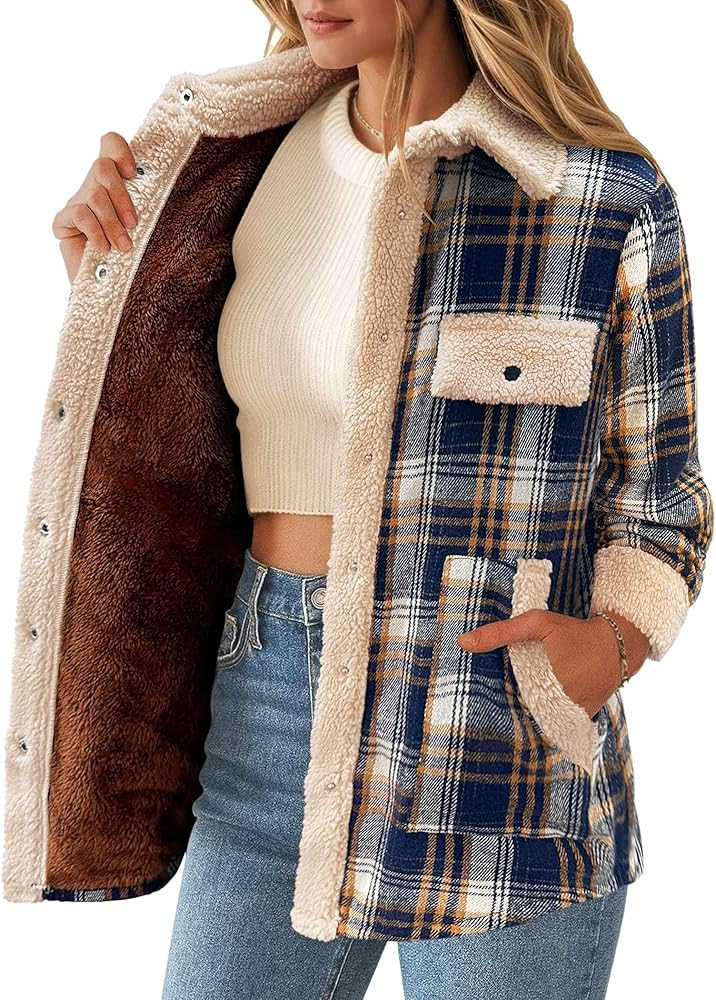 Zeagoo Womens Flannel Jacket Fleece Lined Shacket Fall Outfits Plaid Sherpa Button Down Cozy Warm... | Amazon (US)