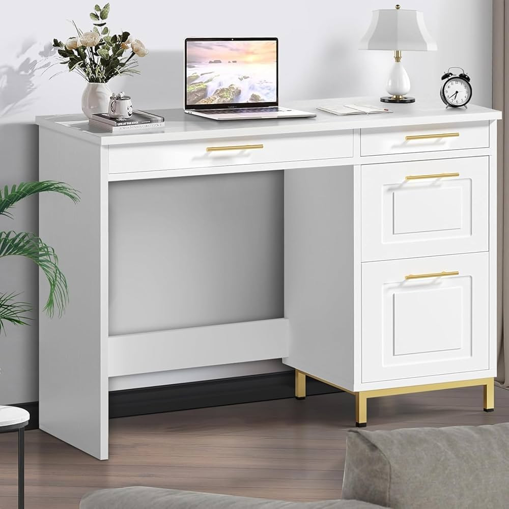 4 EVER WINNER White Desk with Drawers and Golden Handles, 43" Home Office Desks with Drawers, Com... | Amazon (US)