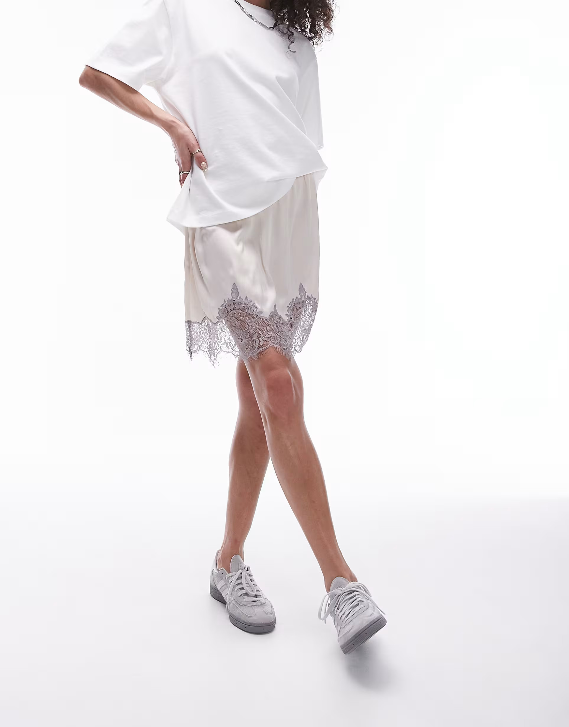 Topshop satin mini slip skirt in oyster with charcoal lace | ASOS (Global)