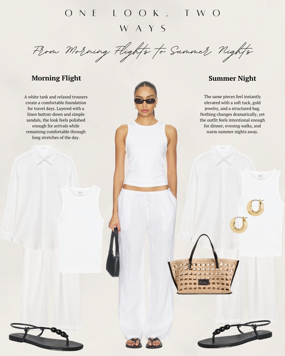 One look, two ways! This week it’s all  about choosing pieces that move easily through summer travel—airport mornings, city walks, coffee stops, and dinners out. Comfortable silhouettes, effortless layers, and versatile staples make getting dressed feel elevated without overthinking. I have a pair of chic linen pants with a tank styled two different ways! In one it is more casual with sandals and a white shirt over it. Then I did a few changes with a raffia bag and some gold jewelry. I also added some finds from Zara that are perfect for so many different travel outfits. All items linked ⬆️

#ltkcreator #ltkfinds #ltkwatchnow #summer #summeroutfits #summerfashion #linen #raffia #zara #aritzia #staud

#LTKgrwm #LTKootd #LTKSeasonal