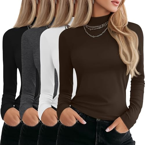 Neer 4 Pack Women's Mock Turtleneck Shirts Long Sleeve Pullover Tops Stretch Cotton Basic Layerin... | Amazon (US)