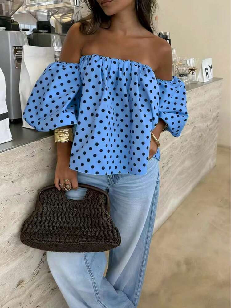 Women's Polka Dot Contrast Color Pleated Off-Shoulder Top, Suitable For Beach And Daily Wear, Spring/Summer | SHEIN