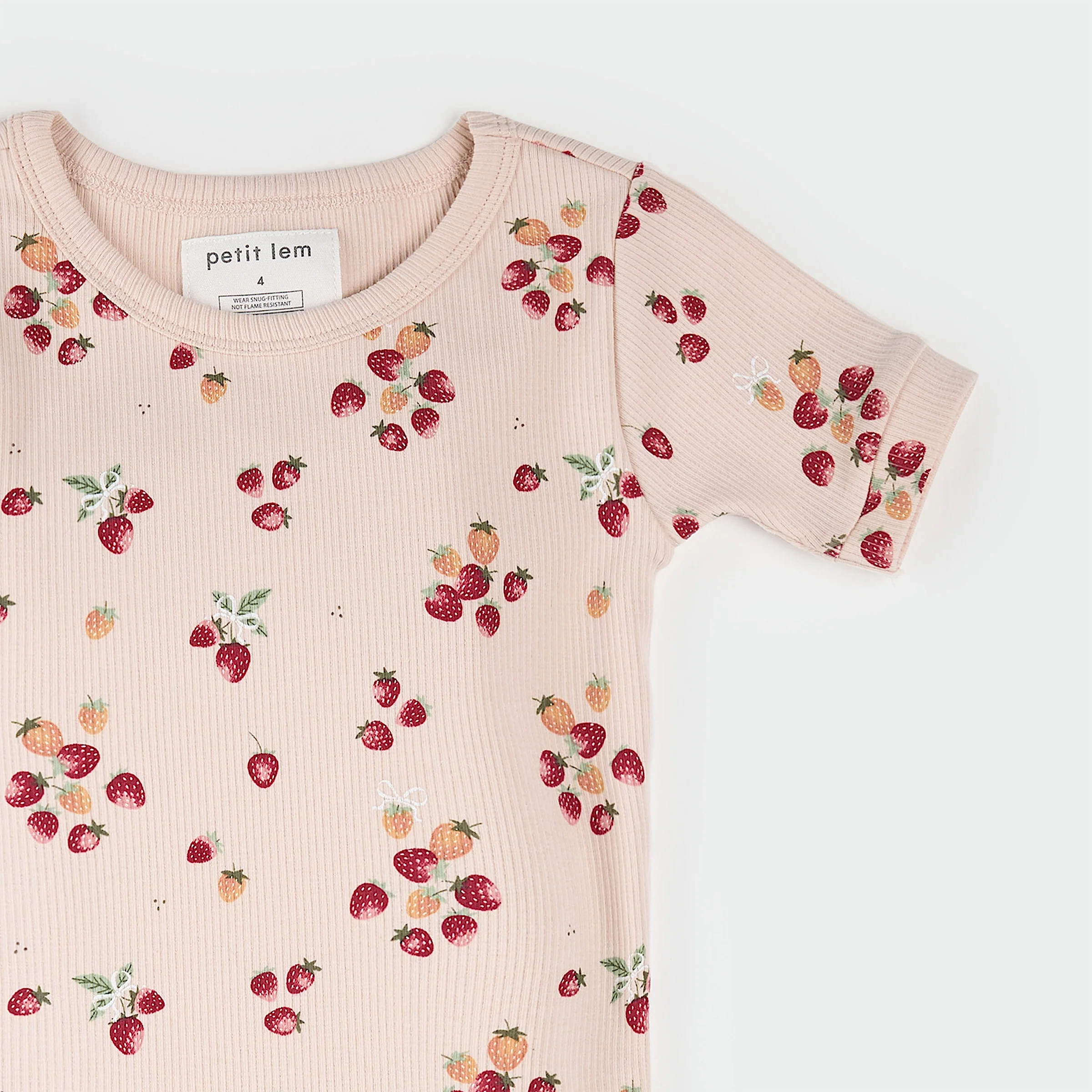 Strawberry Print on Soft Pink Ribbed PJ Set | Petit Lem