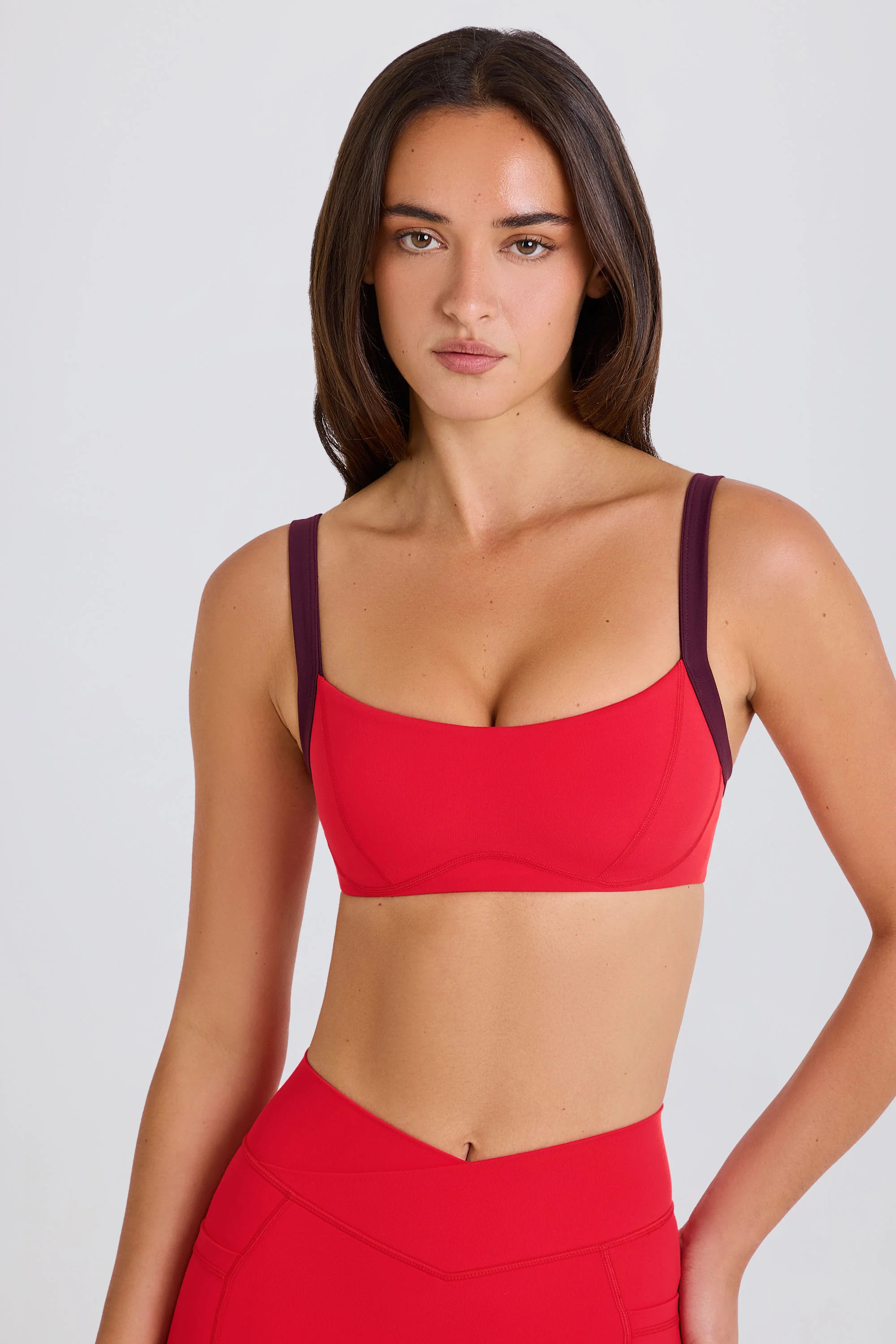 Soft Active Contrast-Trim Sports Bra in Strawberry Red | Oh Polly