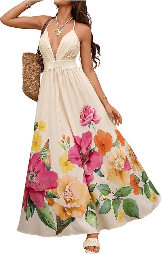 OYOANGLE Women's Floral Sleeveless Boho Maxi Dress Deep V Neck Criss Cross Backless Beach Vacatio... | Amazon (US)