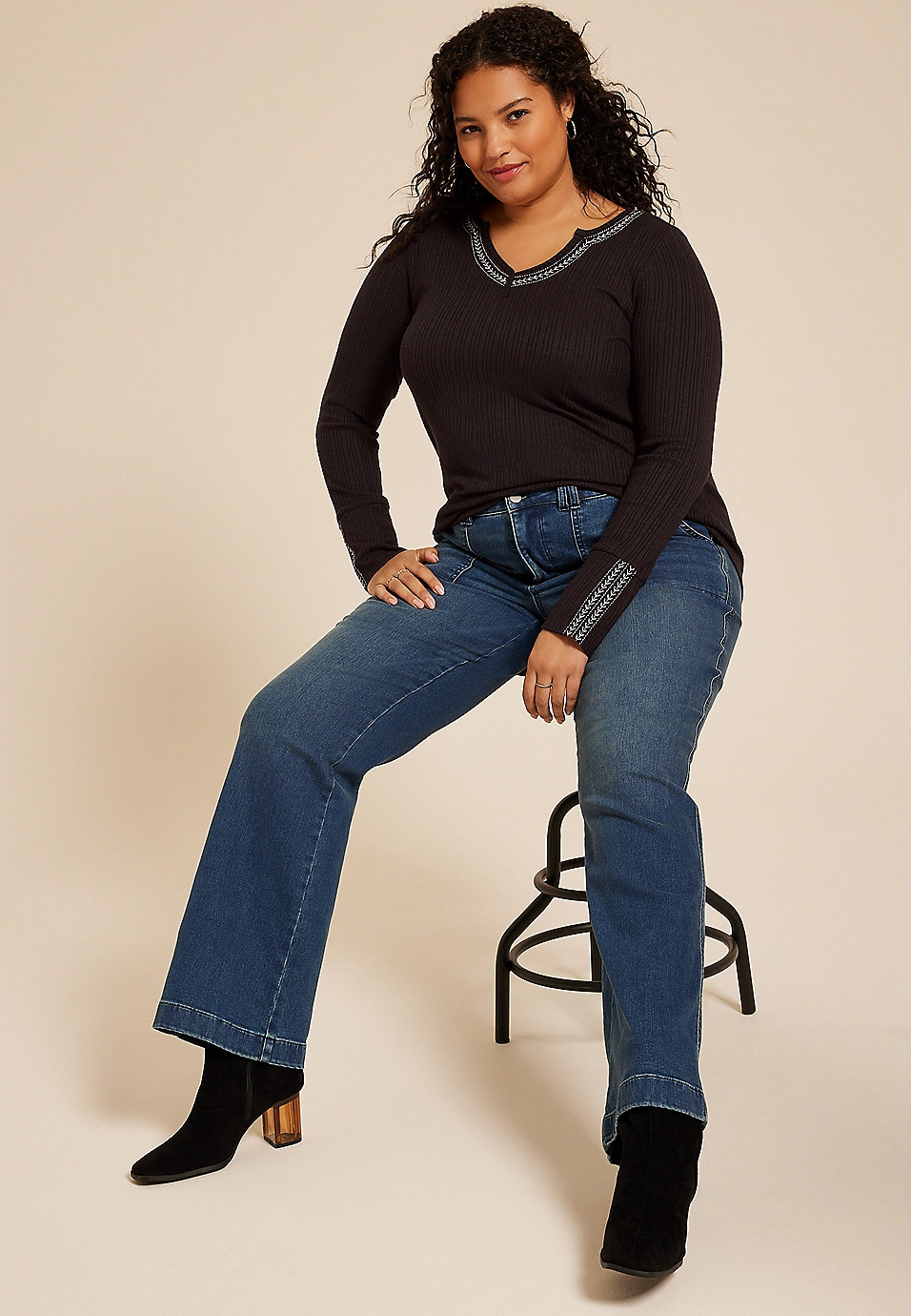 Plus Size Embroidered Notch Neck Ribbed Long Sleeve Tee | Maurices