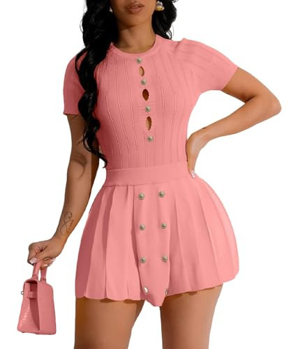2 Piece Skirt Sets for Women Sexy Knitted Cutout Short Sleeve Crop Top Bodycon Pleated Mini Skirt Set XXL Pink | Amazon (US)