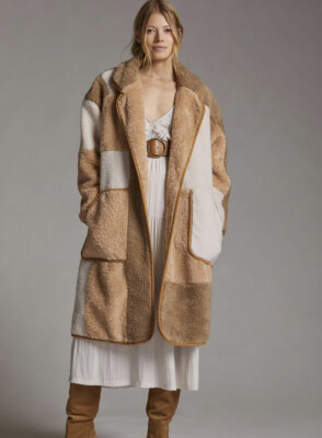 Anthropologie Pilcro Colorblocked Sherpa Coat Front Pocket Tan Ivory Brown M NWT  | eBay | eBay US