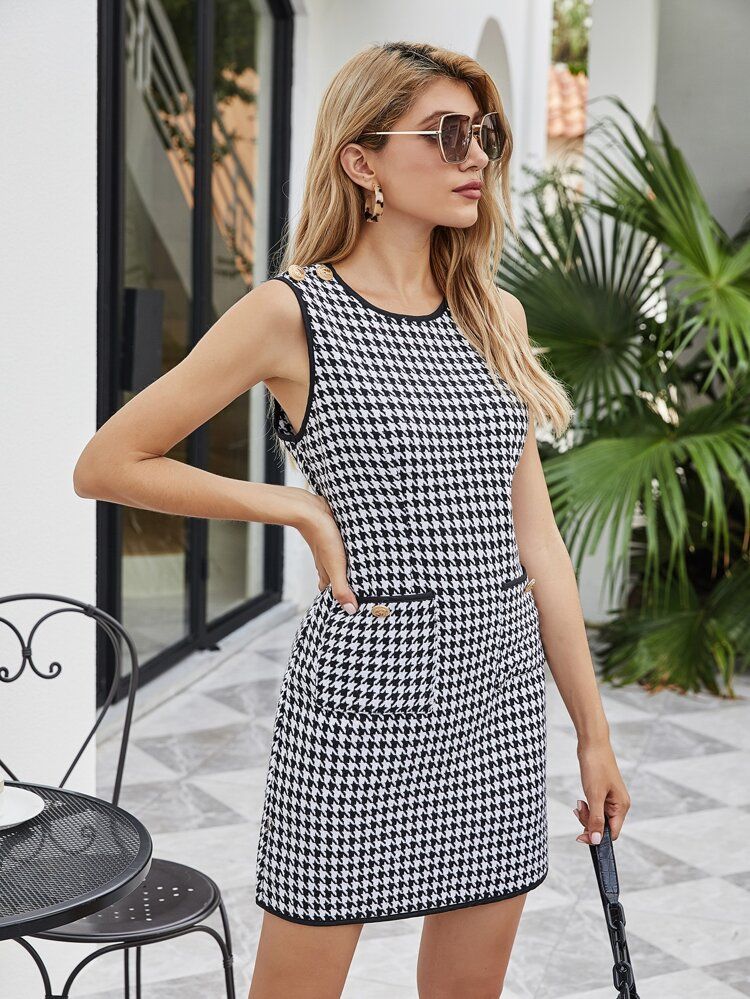 Double Pocket Houndstooth Tweed Dress | SHEIN