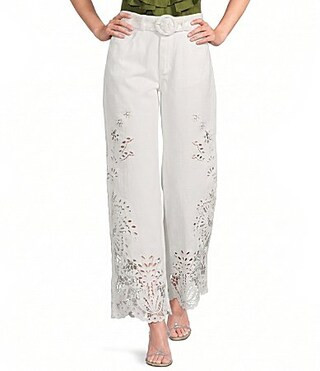 Farm Rio Boho Beauty Richelieu High Rise Embroidered Eyelet Denim Wide Leg Pants - 26 | Dillard's