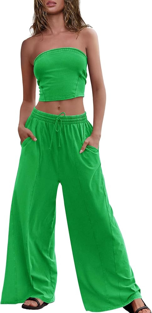 Panadila Womens Summer Lounge Sets 2 Piece Outfits Tube Top and Wide Leg Pants Matching Set Beach... | Amazon (US)