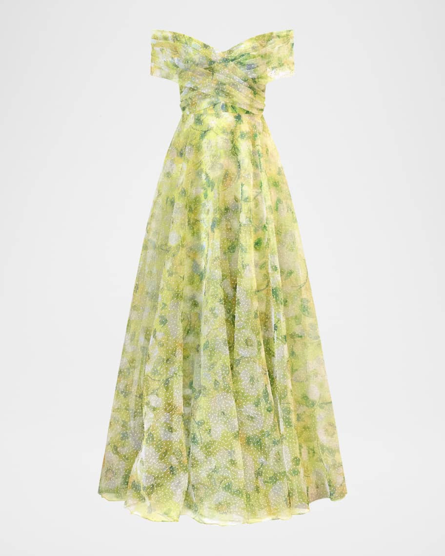 Theia Ryan Pleated Off-Shoulder Organza Gown | Neiman Marcus