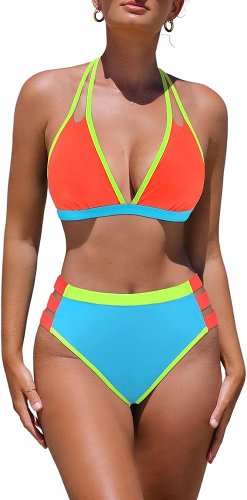 popvil High Waisted Bikini Sets for Women Two Piece Swimsuit Halter Top Bathing Suit | Amazon (US)