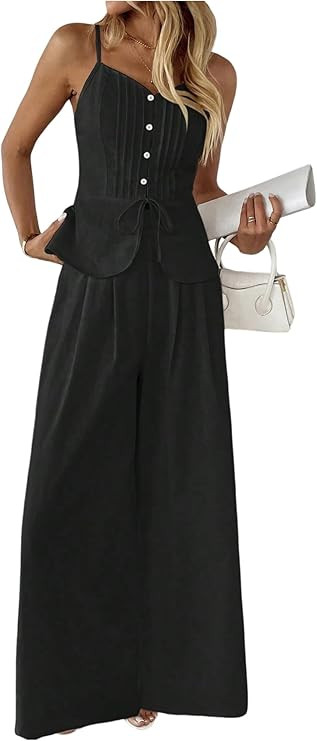 SOLY HUX Women's 2 Piece Summer Outfit Button Down Peplum Cami Top and Wide Leg Pants Set | Amazon (US)