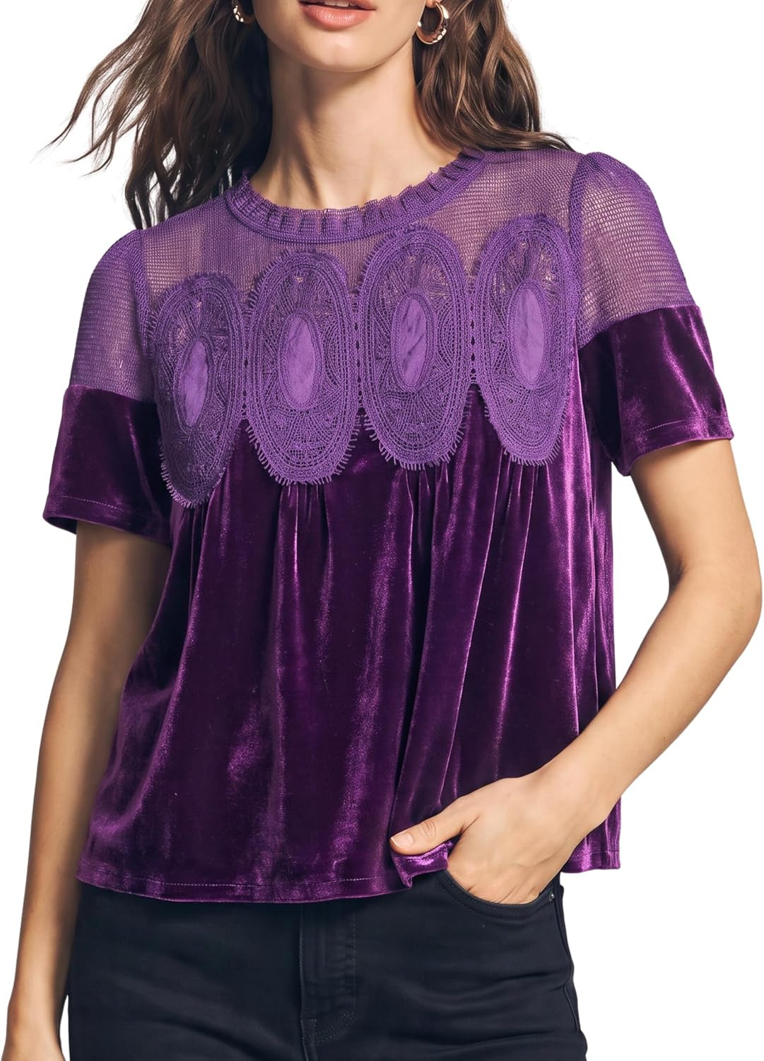 Women's Velvet Lace Blouse Short Sleeve Flowy Top | Amazon (US)