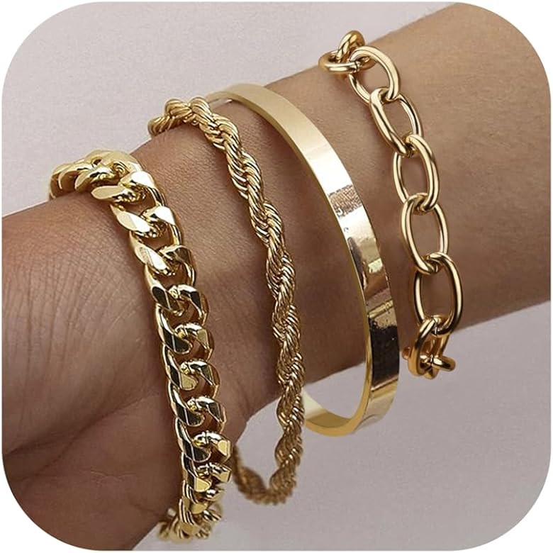 Sanfenly Gold Bracelets for Women Waterproof, 14K Gold Bracelet Stack Non Tarnish Link Bracelets ... | Amazon (US)