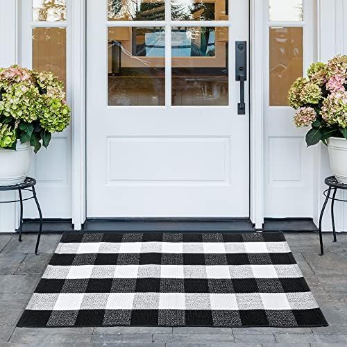 FRENDY Buffalo Plaid Outdoor Rug, 27.5 x 43 Inches Black and White Cotton Hand-Woven Check Front ... | Amazon (US)