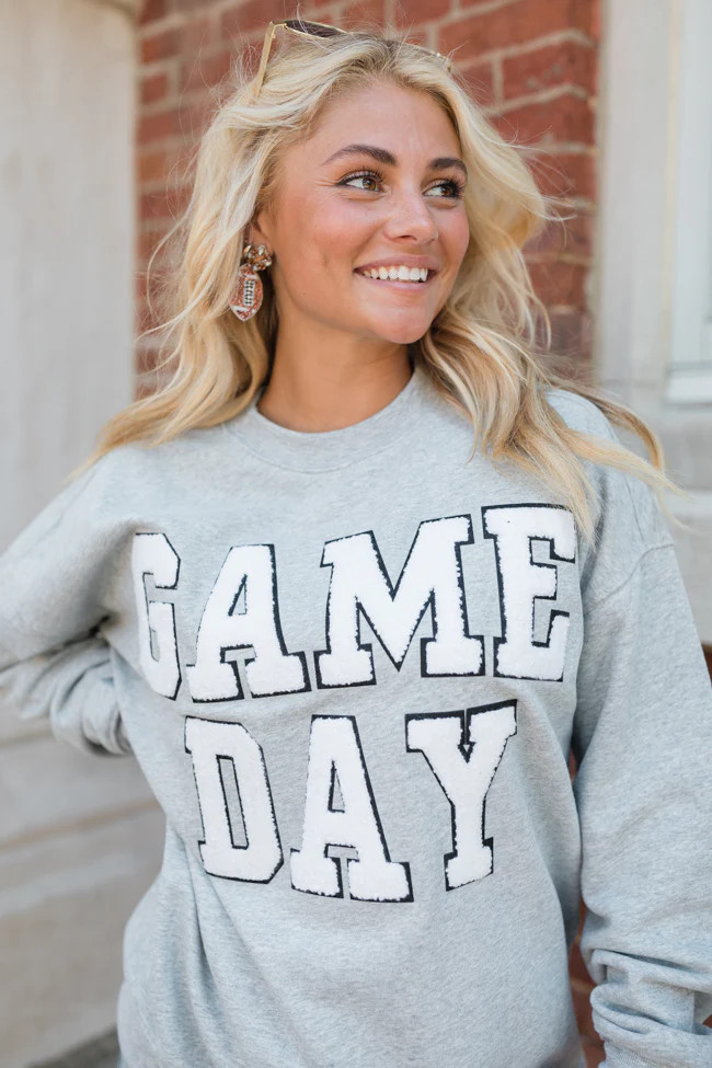 Gameday Chenille Patch Light Grey Oversized Graphic Sweatshirt | Pink Lily