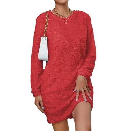 Hanerdun Women Female Solid Fuzzy Pullover Sweater Short Dress Red XL | Walmart (US)