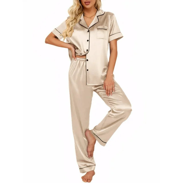 DAKIMOE Silk Satin Pajamas Set for Women Two-Piece Short Sleeve Shirt with Long Pajama Pant Set S... | Walmart (US)