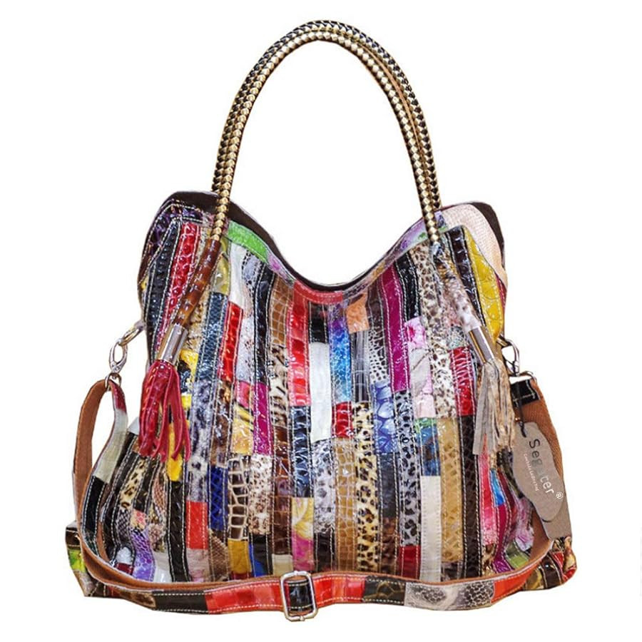 Women's Multicolor Big Boston Bag Genuine Leather RANDOM Colorful Patchwork Large Tote Handbag Ho... | Amazon (US)