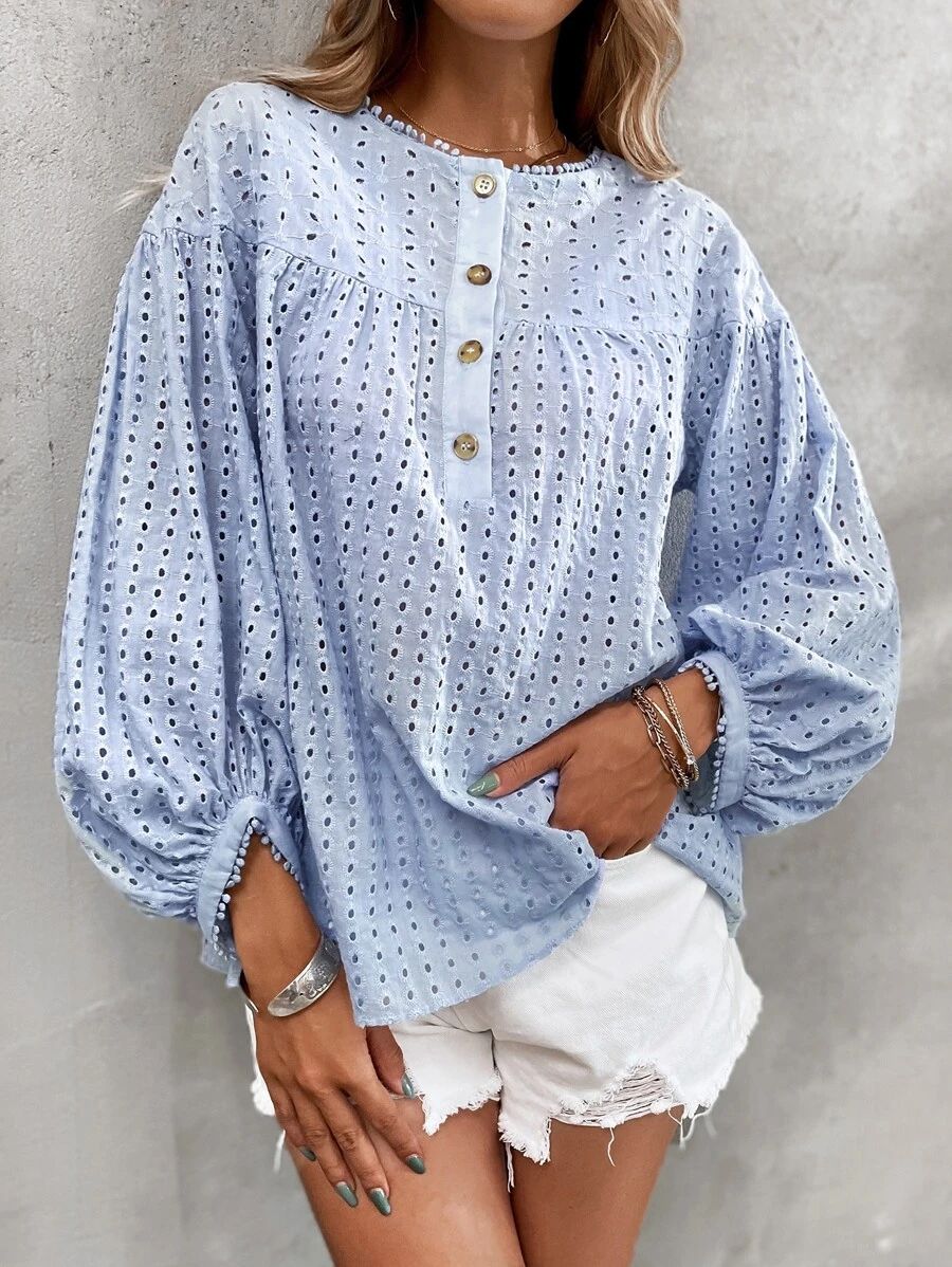 Eyelet Embroidery Bishop Sleeve Blouse | SHEIN