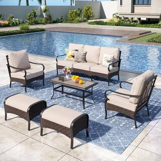 Metal 7 Seat 6-Piece Outdoor Patio Conversation Set with Beige Cushions, Fixed Chairs, Rectangular Coffee Table | The Home Depot