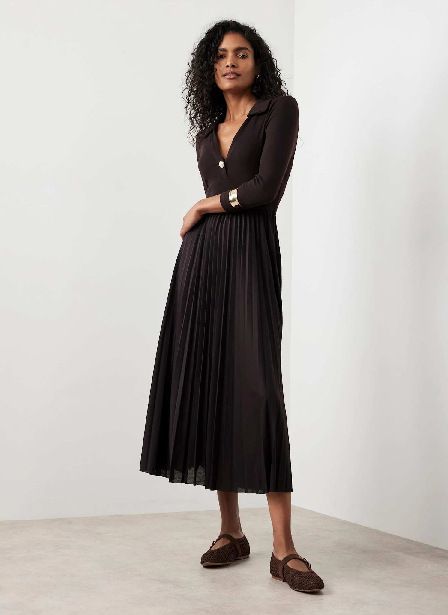 Brown Jersey Collar Midi Dress | Mint Velvet - US