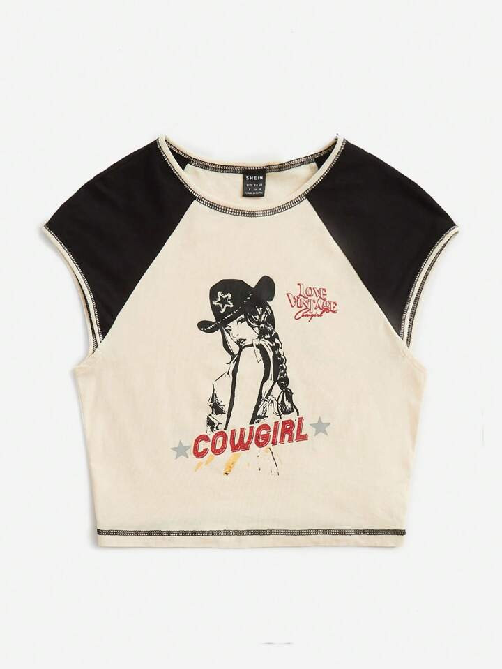 SHEIN Coolane Figure & Letter Graphic Raglan Sleeve Crop Tee | SHEIN