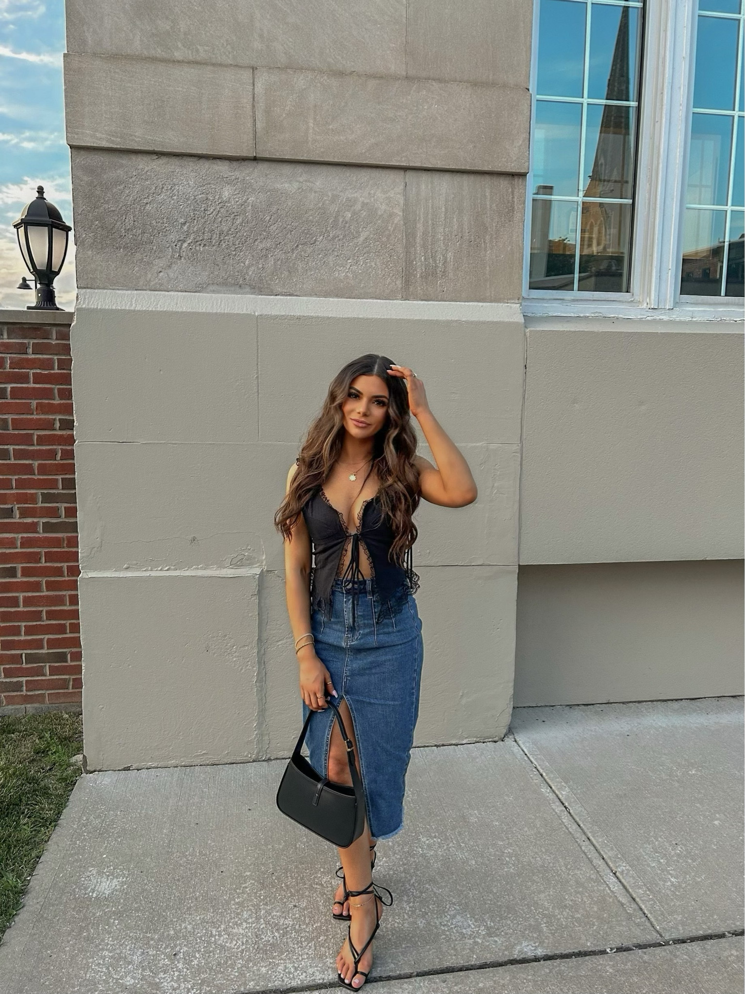 Denim skirt, denim midi skirt, sexy black top, lacy black tie top, sexy outfits, black lace up heels, lace up sandals, black sandals, black heeled sandals, outfit inspo, birthday outfit inspo, showpo, hello molly, nine west

#LTKstyletip #LTKFind #LTKshoecrush