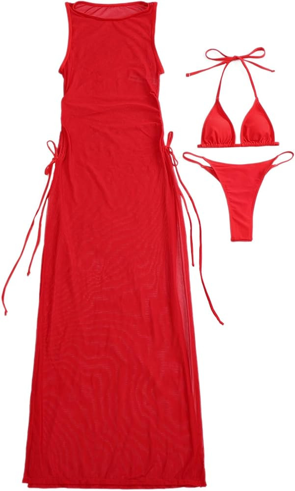 SheIn Women's Sexy 3 Piece Swimsuits Mesh Cover Up Micro Triangle Halter Bikini Set | Amazon (US)