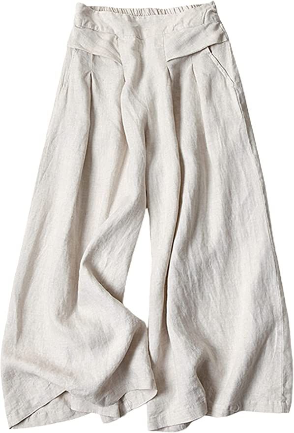 Bianstore Women's Culottes Linen Cropped Wide Leg Pants Elastic Waist Casual Palazzo Trousers wit... | Amazon (US)