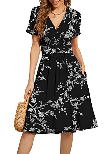 WEACZZY Casual Summer Dresses for Women 2025 Loose Dresses Short Sleeve Dress for Women V Neck Pleated Midi Dress,Floral White Black,XXL | Amazon (US)