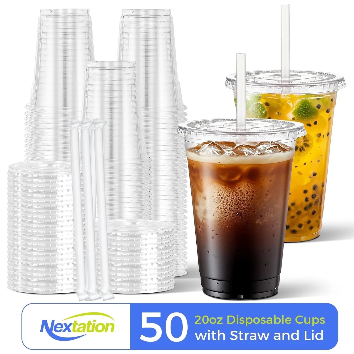 Nextation 50 Pack 20oz Plastic Cups with Lids and Straws, Clear, Disposable Cold Drink Cups for I... | Walmart (US)