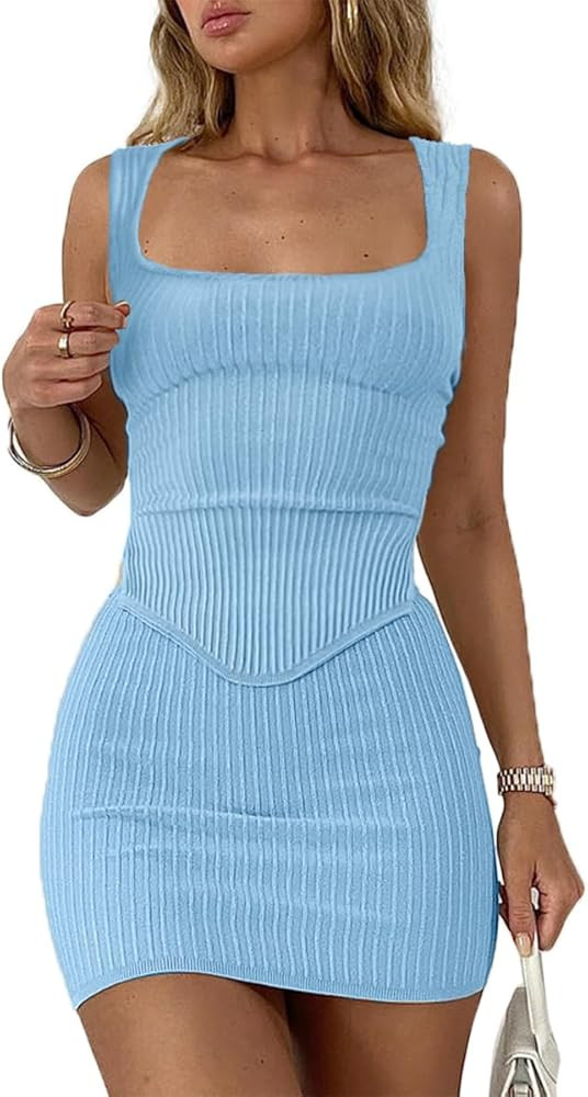 CHYRII Womens Sexy Summer Two Piece Outfits Square Neck Going Out Crop Top Bodycon Skirt Sets Min... | Amazon (US)