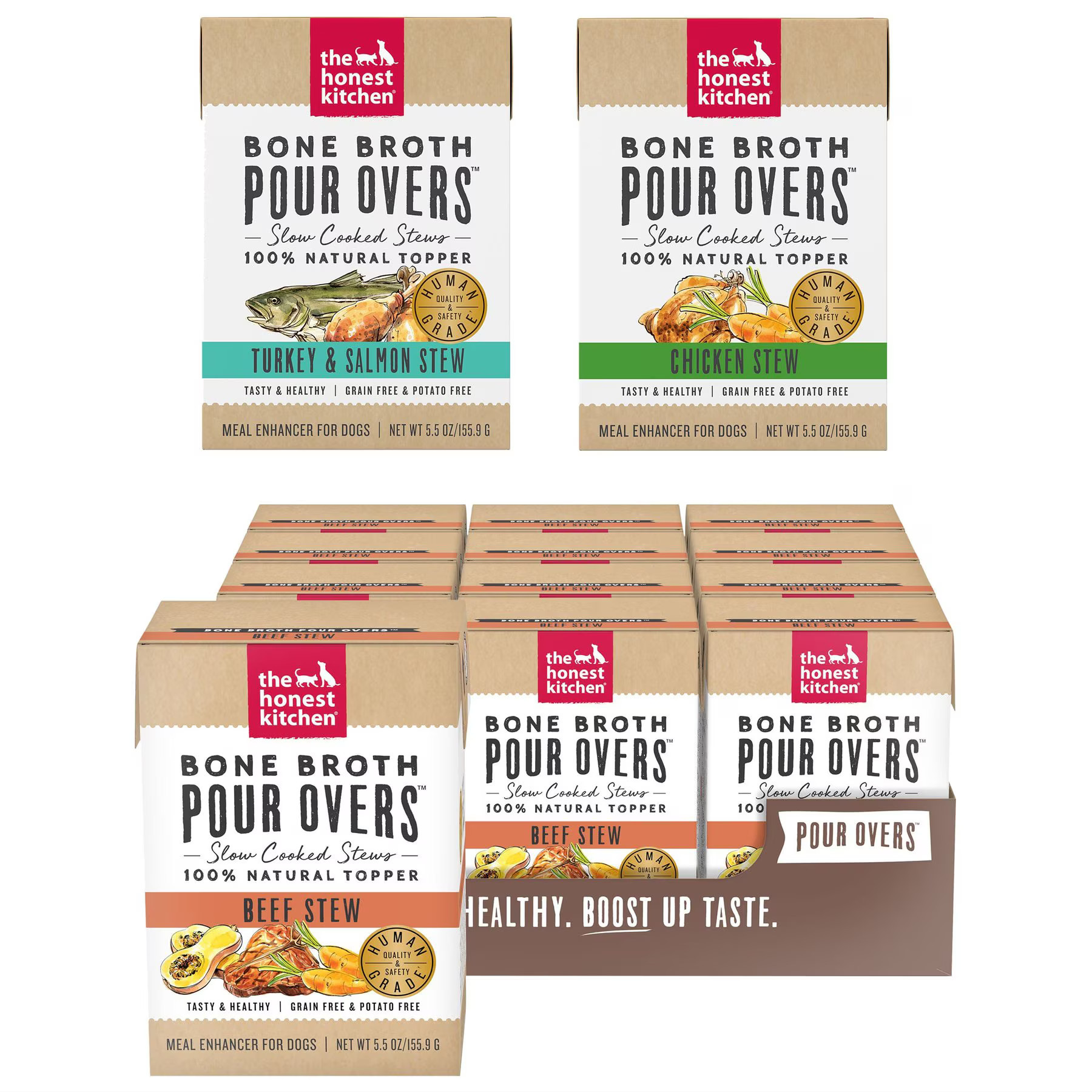 Variety Pack - The Honest Kitchen Bone Broth POUR OVERS Chicken Stew Wet Dog Food Topper, 5.5-oz, case of 12, Turkey & Salmon & Beef Flavors | Chewy