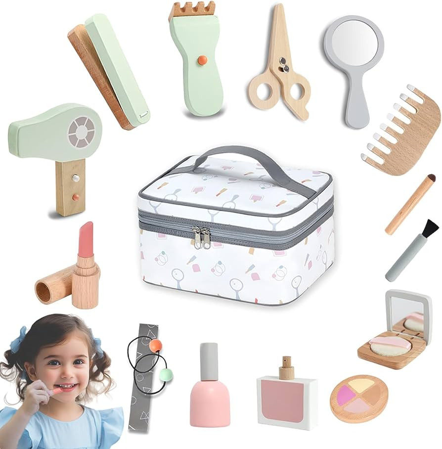 Wooden Makeup Toy Set, [2024] Wooden Makeup Kit for Girls, 2-in-1 Pretend Wood Beauty Hair Salon ... | Amazon (US)