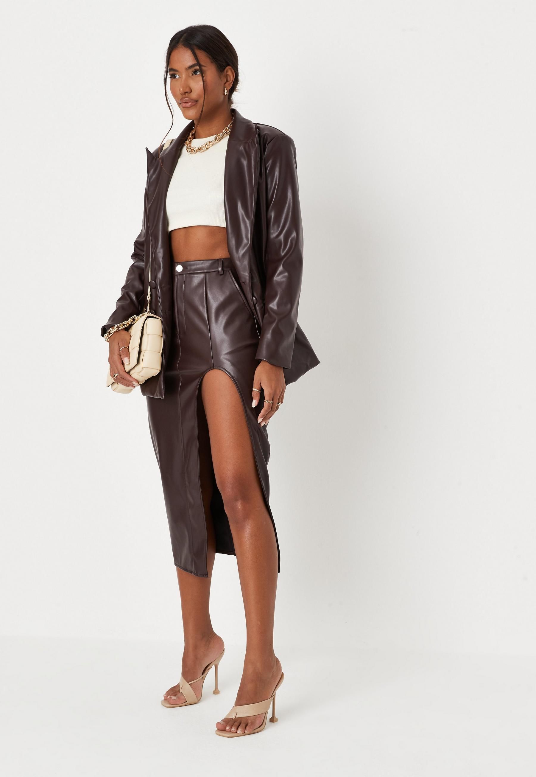 Missguided - Chocolate Faux Leather Cut Out Midi Skirt | Missguided (US & CA)